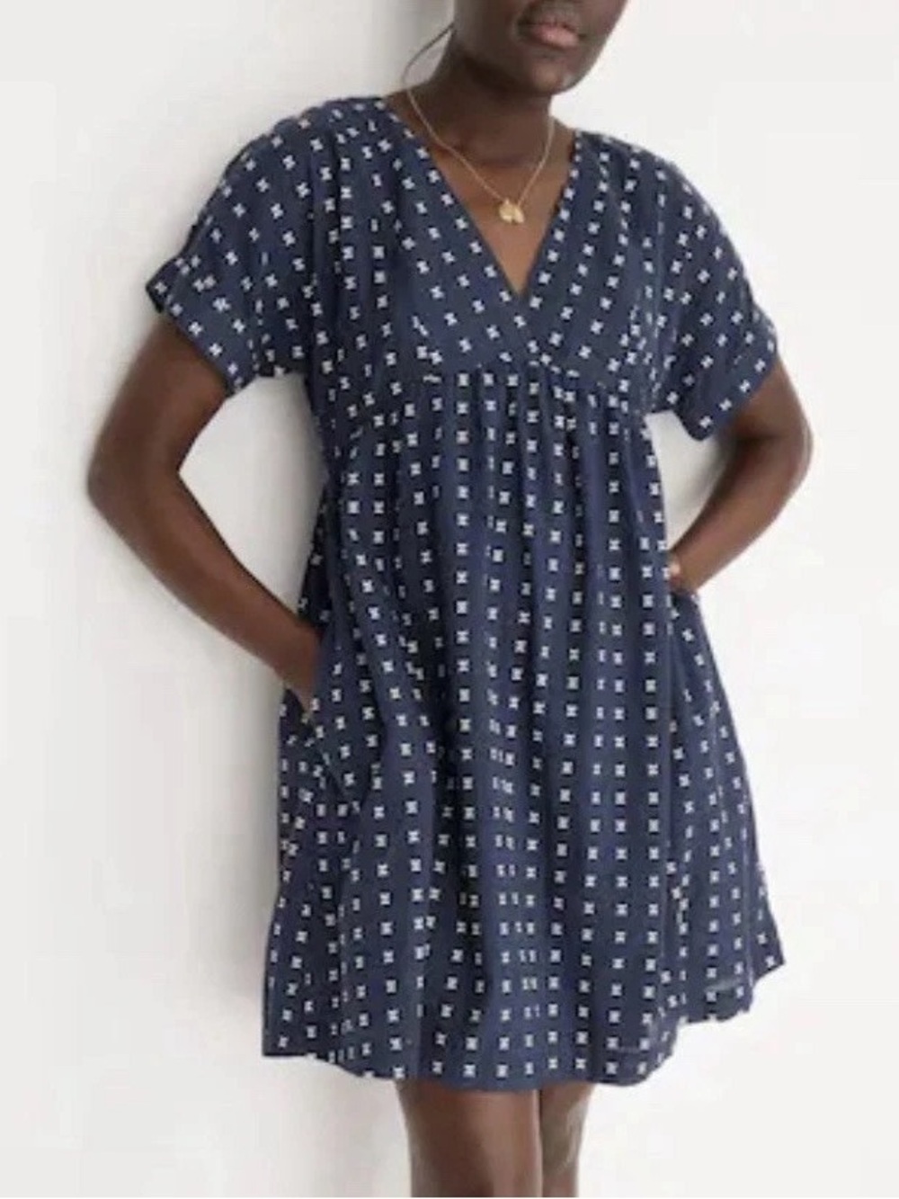 V-neck Dolman-sleeve Minidress In Blue/ White Dobby